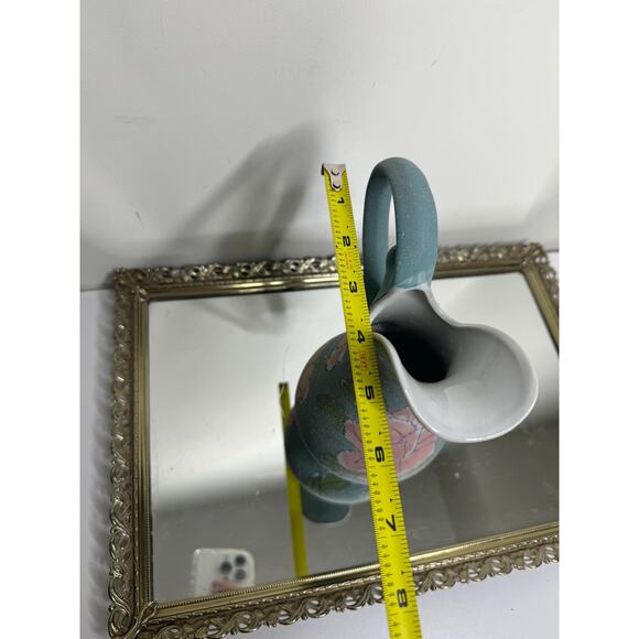 Vintage Glazed Sand Textured Botanical Roses Blue Ceramic Ewer Pitcher Vase - Picture 8 of 9